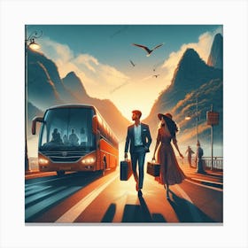 Man And Woman Walking To The Bus Canvas Print
