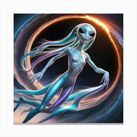 A Mesmerizing, Iridescent Alien Creature With Slender, Elongated Limbs And Large, Black, Almond Shaped Eyes Emerges From A Swirling, Shimmering Wormhole 1 Canvas Print