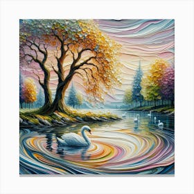 Swan Painting and Spring Dreamscape: Ripple Pour Wet Acrylic Paint, Impasto Trees, Swans in the Lake - Highly Detailed Art with Crisp Clear Sharp Focus Canvas Print