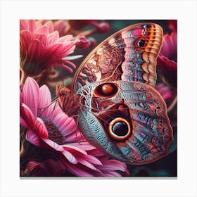 Butterfly On Pink Flowers 1 Canvas Print