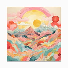 Sunny Mountain Mosaic A Playful Pastel Landscape Illustration Canvas Print