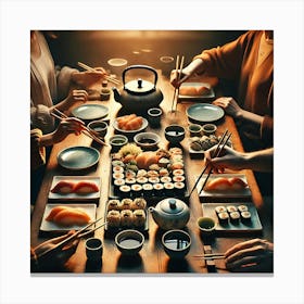 Hands Reaching for Sushi Wall Art: A Cozy Family Meal Scene for Dining Room and Kitchen Decor Print Art Canvas Print