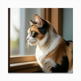 A contemplative portrait of a calico cat sitting beside an open window Canvas Print