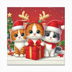 3 Cute Christmas Cats Illustration Canvas Print