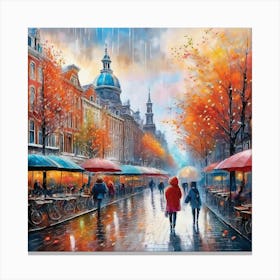 Amsterdam cafes, autumn season, rain, autumn oil colours.Faded colours,People passing on the street, winter clothes, rain umbrellas.10 Canvas Print