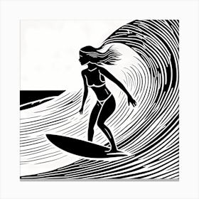Linocut Black And White Surfer Girl On A Wave art, surfing art, 247 Canvas Print