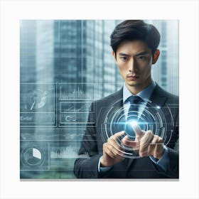 Asian Businessman Touching A Touch Screen Canvas Print