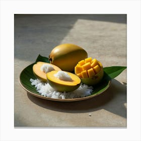 Ripe mango peeled,showing yellow flesh inside.Place on a plate topped with thick coconut milk and soft white glutinous rice. Sprinkle with small crunchy soybeans.Topped with fresh coconut milk. White,thick,sticky and there was smoke aura spred all over a large golden and white aura attacked the white and gray aura. The background is a mango tree. With yellow mangoes, fully ripe, Phu Chao, bright sunlight, 4k resolution. 3 Canvas Print