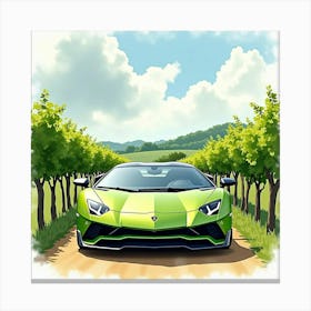 Lamborghini Centenario In A Watercolor Lush Green Vineyard 1 Canvas Print