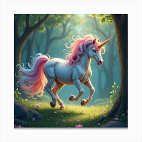 A Mythical Unicorn With A Mane Of Shimmering, Rainbow Colored Waves Galloping Through An Enchanted Forest Canvas Print