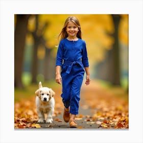 Little Girl Walking With Dog In Autumn Park Canvas Print