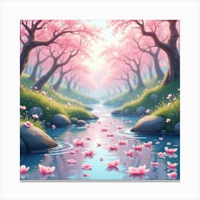 Cherry Blossom Petals Gently Floating On A Stream, Painted In Delicate Watercolor 1 Canvas Print