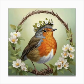 Bird With A Flower Crown European Robin Art Print 2 Canvas Print