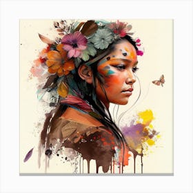 Watercolor Floral Indian Native Woman #4 Canvas Print