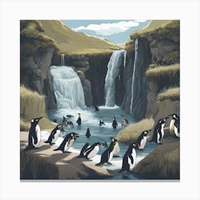 824873 A Waterfall Flows Into A River Where Penguins Play Xl 1024 V1 0 Canvas Print