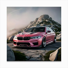 A Highly Detailed, Realistically Rendered 3d Model Of A Pink BMW M5, Adorned With A Sleek, High Performance Full Body Kit, Parked On The Summit Of A Rugged, Mist Shrouded Mountain, Surrounded By Granite Boulders And Patches Of Lush Landscape (3) Canvas Print