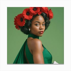 Girl with a wreath of red flowers Canvas Print