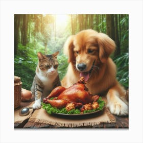 Cat And Dog Eating Dinner Canvas Print