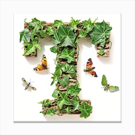 Letter T With Ivy And Butterflies Canvas Print