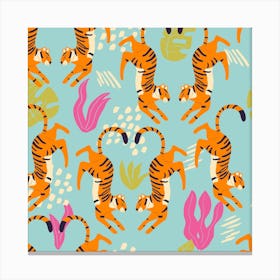 Prancing Tiger Pattern On Blue With Tropical Leaves Square Canvas Print