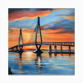 Sunset over the Arthur Ravenel Jr. Bridge in Charleston. Blue water and sunset reflections on the water. Oil colors.5 Canvas Print