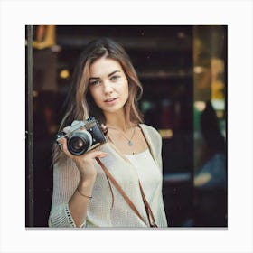 Firefly Young Lady, Posing, Camera, Blurry Effect, Shop Window, Retro Style, Minimal Colors, Soft Fo (11) Canvas Print