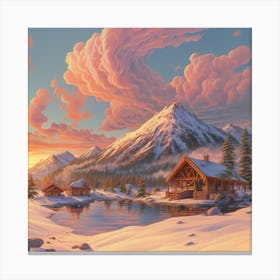 Mountain village snow wooden huts 14 Canvas Print