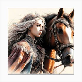 Chinese Princess By Her Horse Color Drawing Canvas Print