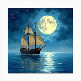 Enchanted Ship Sailing Through Watercolor Moonlight 1 Canvas Print