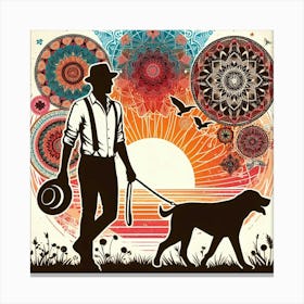 Boho art Silhouette of man with dog Canvas Print