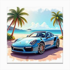 Porsche 911 Turbo S Surrounded By A Colorful Watercolor Beach Setting Canvas Print