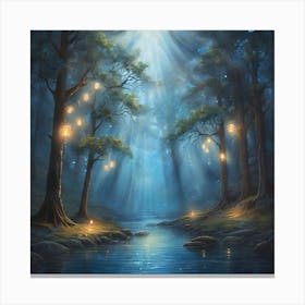 a painting of a forest with lanterns hanging from trees, an oil painting by Jeremiah Ketner, shutterstock contest winner, fantasy art, enchanting, flickering light, glowing lights Canvas Print