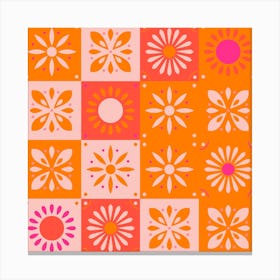 Traditional Portuguese Tiles In Bright Pink And Orange With Floral Motifs Square Canvas Print