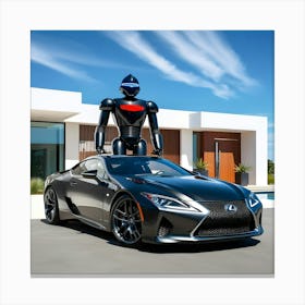 A Sleek Charcoal Grey Lexus Sports Car Is Parked In Front Of A Beautiful Modern House Guarded By A Futuristic Robot 1 Canvas Print