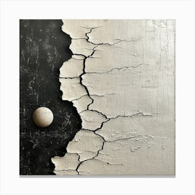  'Divided Harmony', an art piece that speaks to the beautiful imperfection of wabi-sabi philosophy. This striking work contrasts a rugged, cracked white surface with a smooth, spherical form, nestled in a dark, textured recess.  Wabi-Sabi Art, Textured Contrast, Minimalist Imperfection.  #DividedHarmony, #WabiSabi, #TexturedArt.  'Divided Harmony' is an embodiment of beauty in asymmetry, offering a profound visual statement that embraces the authenticity of natural decay. It's an ideal choice for spaces that resonate with the idea of finding perfection in imperfection, adding depth and a contemplative dimension to minimalist design. Canvas Print