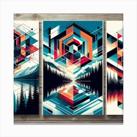 Geometric Nature Art: This artwork is inspired by the beauty and harmony of nature and geometry. The artwork uses simple shapes and patterns to create a complex and elegant composition of different natural elements, such as mountains, trees, rivers, and stars. The artwork also has a contrast between warm and cool colors, creating a balance and a dynamic effect. This artwork is ideal for anyone who appreciates nature and art, and it can be placed in a study, office, or library. Canvas Print