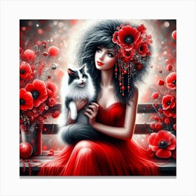 Poppies And Cat Canvas Print