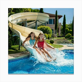 Two Girls Playing In A Swimming Pool Canvas Print