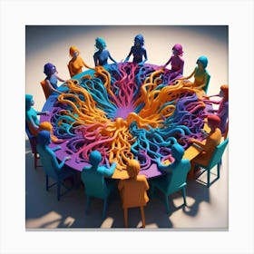 Diverse Group Of People Around A Table With Colorful Abstract Shape In The Center Canvas Print