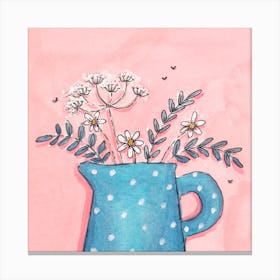 Spotty Blue Jug With Daisies And Cowparsley Square Canvas Print