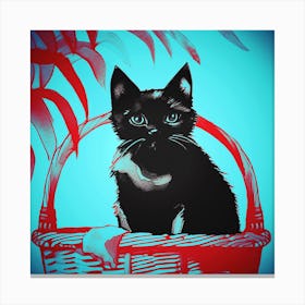 Cat Sat In A Basket Blue Canvas Print