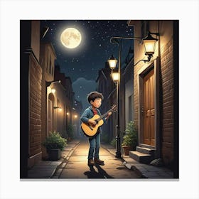 Young Boy With Gitaar In Moon Light Art Print (2) Canvas Print