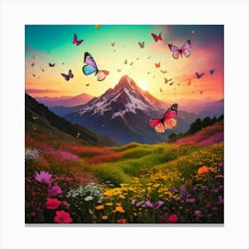 Firefly Mountain, Scenery, Nature, Sunrise, Butterfly, Wings, Paintbrush, Paints, Scattered, Small L (1) Canvas Print