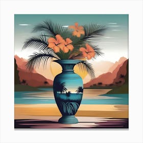 Flower Vase Decorated with Tropical Landscape and Palm Trees, Blue, Orange, Burgundy and Yellow Canvas Print