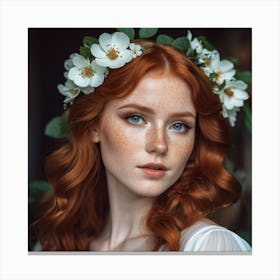 Close Up Portrait Of Young Beautiful Redhead Woman With Freckles Wearing White Dress Canvas Print