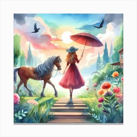 Girl With Horse And Umbrella Canvas Print