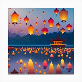 a bunch of lanterns flying over a body of water. The lanterns are all different colors and sizes, and they are all lit up from within. The water is calm and still, and it reflects the light of the lanterns. The image is very beautiful and serene. It evokes a sense of peace and tranquility. The lanterns flying over the water also suggest a sense of freedom and possibility. Here are some additional observations I can make about the image: The lanterns are all different colors and sizes, which suggests diversity and inclusivity.
The lanterns are all lit up from within, which suggests hope and optimism.
The water is calm and still, which suggests peace and tranquility.
The reflection of the lanterns in the water creates a sense of depth and mystery.
The image has a very positive and uplifting mood. It is a reminder that even in the darkest of times, there is always hope and possibility. Overall, I think the image is a very beautiful and inspiring work of art. It is an image that I would be happy to hang in my home. Here are some possible interpretations of the image: The lanterns flying over the water could represent wishes or dreams coming true.
The lanterns could also represent the release of negative emotions or experiences.
The image could also be a metaphor for the journey of life. The lanterns represent the individual, and the water represents the world. The journey is both beautiful and challenging, but it is ultimately up to the individual to light their own path. 1 Canvas Print