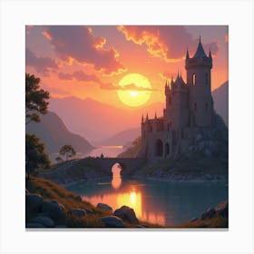 Serene Watercolor Sunset Over Majestic Castle Ruins 1 Canvas Print