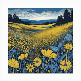 Linocut Flower Meadow Mustard Blue Canvas Print