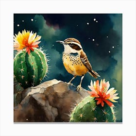 Cactus Wren Bird On A Rock Earth Tone Background A Canvas Print